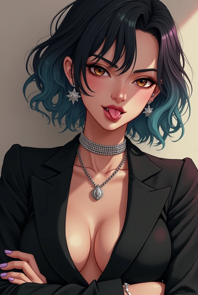 Portrait, magazine cover, outdoors, bokeh background, depth of field, beautiful woman red lips, very short black hair, green eyes, choker, earrings, long-sleeved polo shirt with black turtleneck, (huge breasts) (masterpiece) , (best quality: 1.2), absurd, intricate details, (highly detailed skin: 1.2),