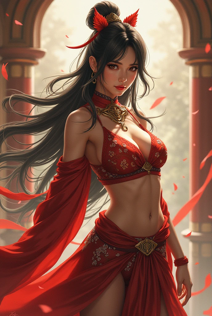 Face of Indian actress Anushka Shetty, Best quality,masterpiece,ultra-detailed high res,(photorealistic:1.4),raw photo,,illustration,
1girl dancing,(solo:1.2),(cowboy shot:1.2),(hair crown:1.2),Traditional chinese dunhuang style clothes,Strapless,(red eyeliner:1.2),(big breasts:1.4), (v-neck:1.5), (big necklace:1.4), lace armour, earrings,dynamic angle,Opera House,messy_long_hair,ink,cinematic lighting,lens_flare,Velvet,chrysanthemum,Tassel,Ribbon,color embroidery,