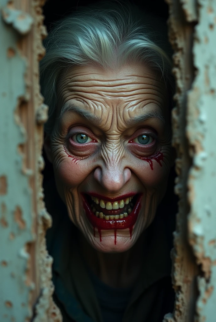 (for art purposes only) Scary old woman with demonic smile knocking on my door - a scene worthy of a horror movie. (en) --auto --s2