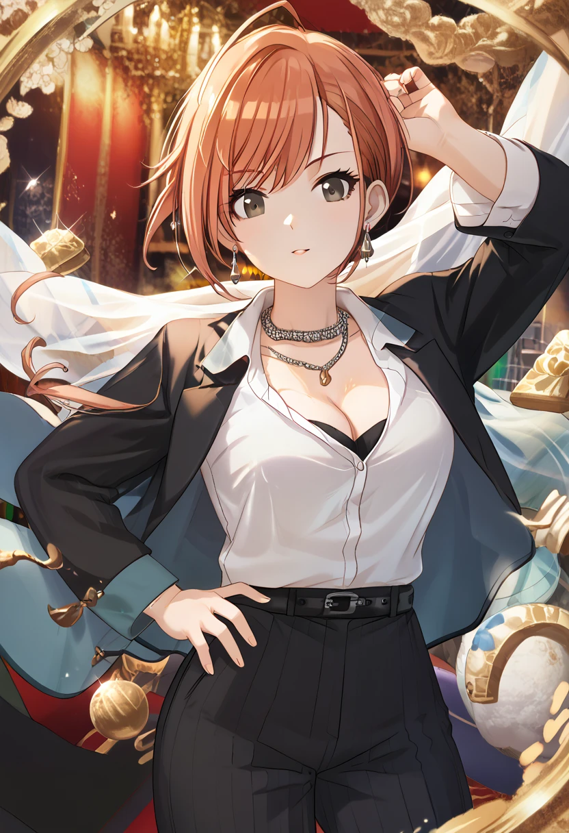 (masterpiece),(best quality),(ultra-detailed),(best illustration),(best shadow),(absurdres),(detailed background),(very aesthetic),natsuhaarisugawa, 1girl, solo, orange hair, short hair, ahoge, swept bangs, black eyes, large breasts, cleavage, white shirt, collared shirt, long sleeves, black shirt, strapless, strapless shirt, black pants, black belt, necklace, earrings, 