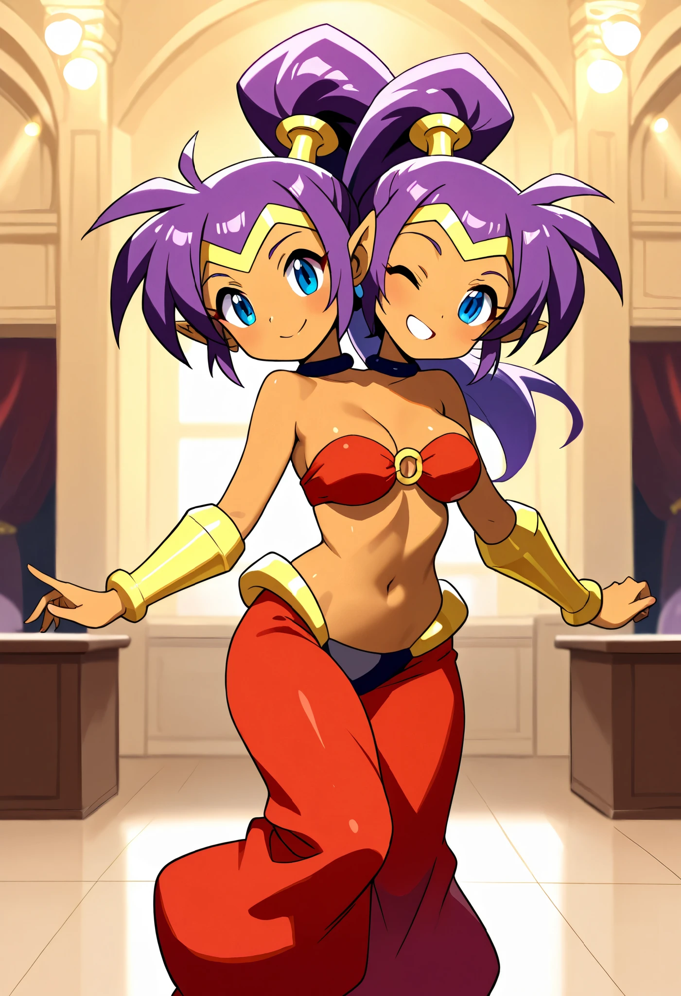 (masterpiece, best quality), best resolution, (2heads:1.5), 1girl, shantae cosplay, purple hair, high ponytail, pointy ears, blue eyes, one eye open and one eye closed, smile, dark skin, red bandeau, o-ring, red harem pants, dancing, inside a convention center
