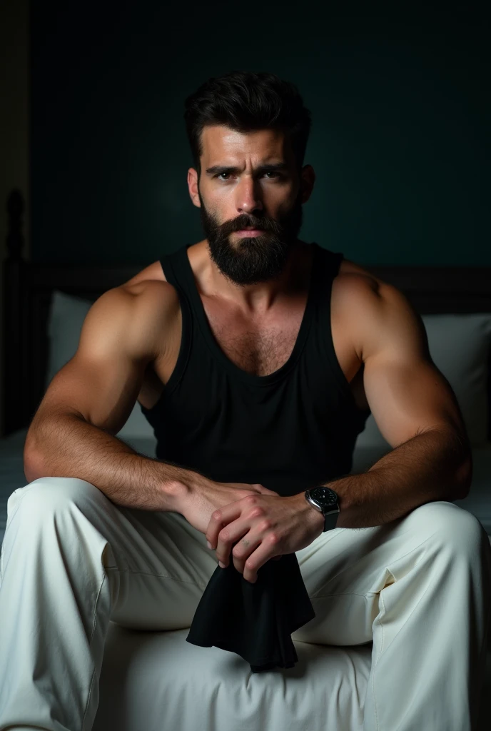 Handsome man tied to a bed