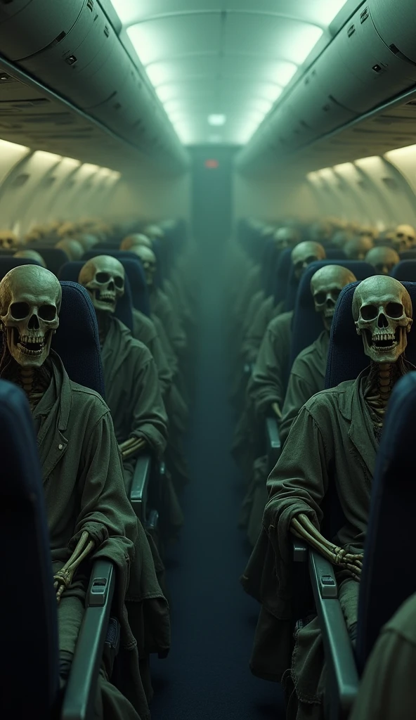 create 4 people sitting inside a plane as if they were skulls made of clothes