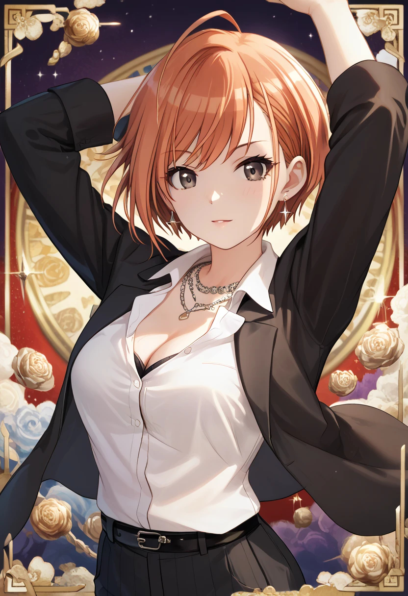 (masterpiece),(best quality),(ultra-detailed),(best illustration),(best shadow),(absurdres),(detailed background),(very aesthetic),natsuhaarisugawa, 1girl, solo, orange hair, short hair, ahoge, swept bangs, black eyes, large breasts, cleavage, white shirt, collared shirt, long sleeves, black shirt, strapless, strapless shirt, black pants, black belt, necklace, earrings, arms up, 