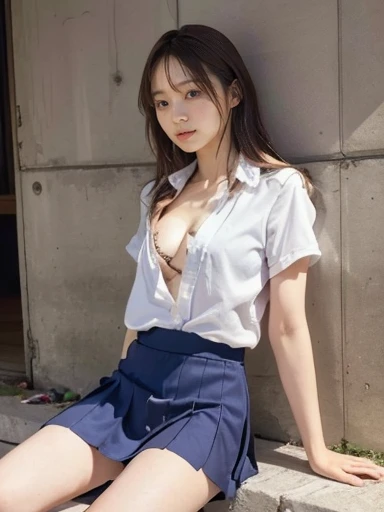 (Professional portrait、Professional Writing)、Highest quality, (Anatomically correct arms:1.3), Detailed workmanship、High resolution、(8K, High resolution:1.2)、(RAW Photos, Realistic:1.3)、masterpiece、Slim figure、High resolutionの顔、The face is in focus、High resolutionの目、(Concentration, Symmetrical pupils:1.2)、High quality and beautiful skin、Firm Skin、Natural Makeup、Gloss lips, High-definition hair texture、 Japanese schoolgirl、、(High School Uniform:1.3), (Sleep on your back:1.3), (Hold your arms over your chest:1.2), very cute, (Very embarrassed:1.2), (blush:1.1), (I am afraid:1.3), (Glaring at the camera:1.3)、(Shooting from above:1.3), Small breasts, Browsing Caution, Cleavage、Semen-covered body、Low-rise miniskirt、With her knees up, her female genitals are exposed、Exposed breasts、Exposed female genitalia、Female genitals wet with semen、Panting face