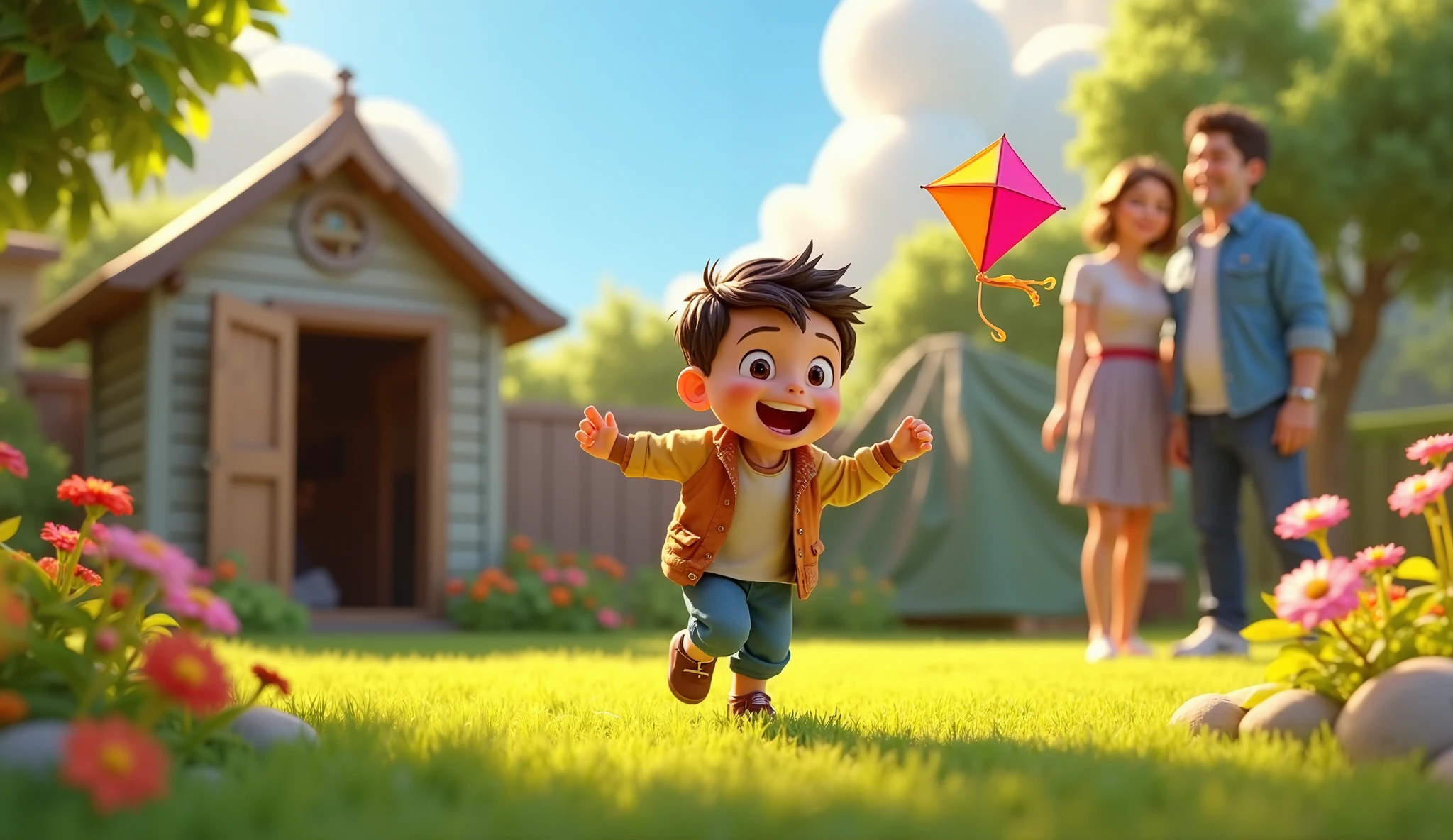 A playing in the garden of a country house. The boy's name is written Sami and birds are flying around him.
