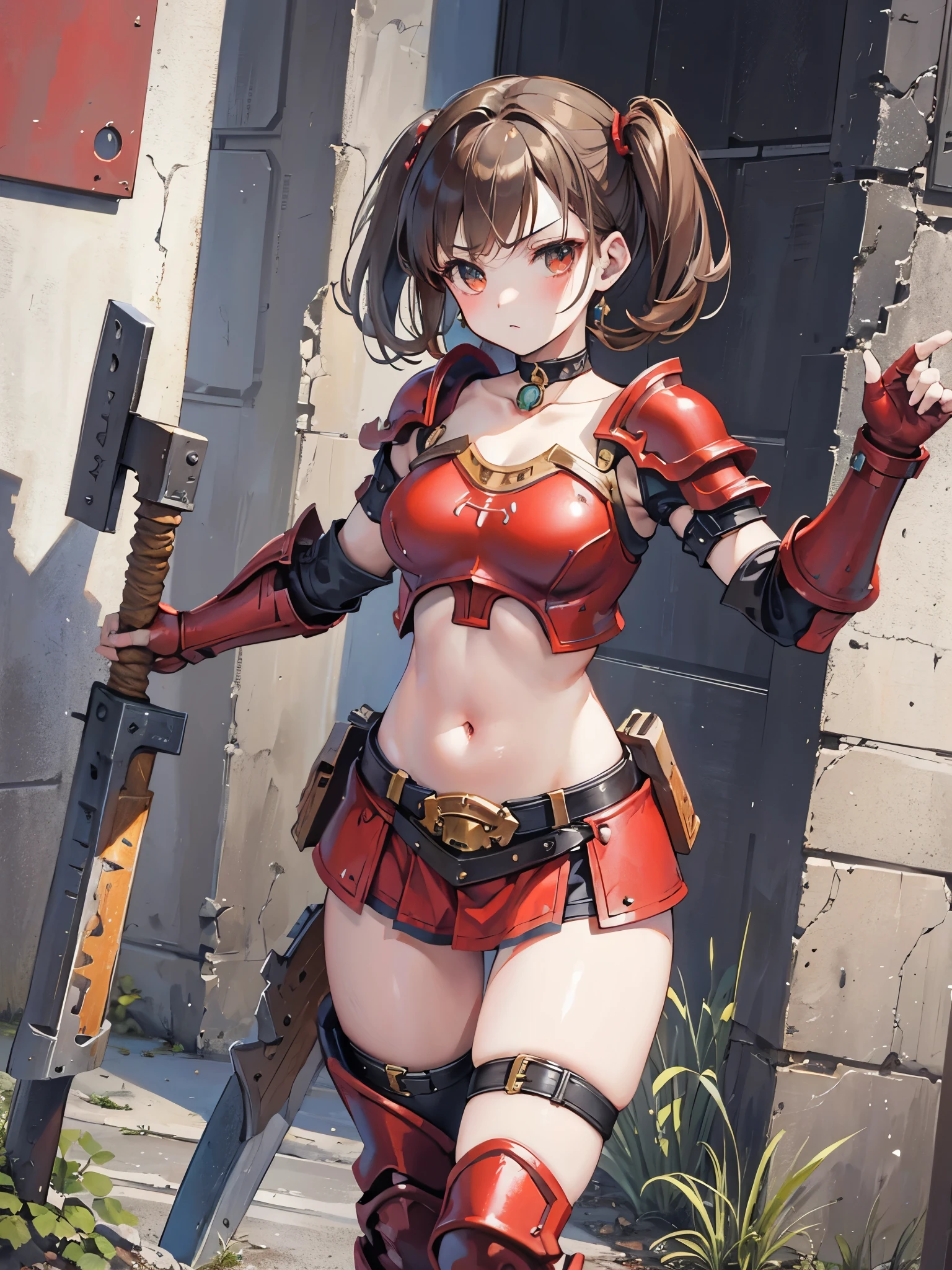 masterpiece,best quality,1 Girl, brown hair, short hair, twin tails, red armor, gauntlet, choker, belly button, weapon, big hammer, cowboy shot