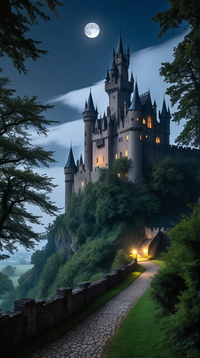 A dark and mysterious castle set on a jagged cliff in the distance, shrouded in mist and lit by the pale light of a crescent moon, insects sparkle among the trees. The castle has imposing towers and Gothic architecture, with flickering lights visible in some windows. The surrounding countryside is enchanting and magical, featuring a dense, shadowy forest and a winding path leading to the castle gate. The sky above is cloudy and foreboding, with a few stars appearing in the darkness, adding to the mysterious and mystical atmosphere.
