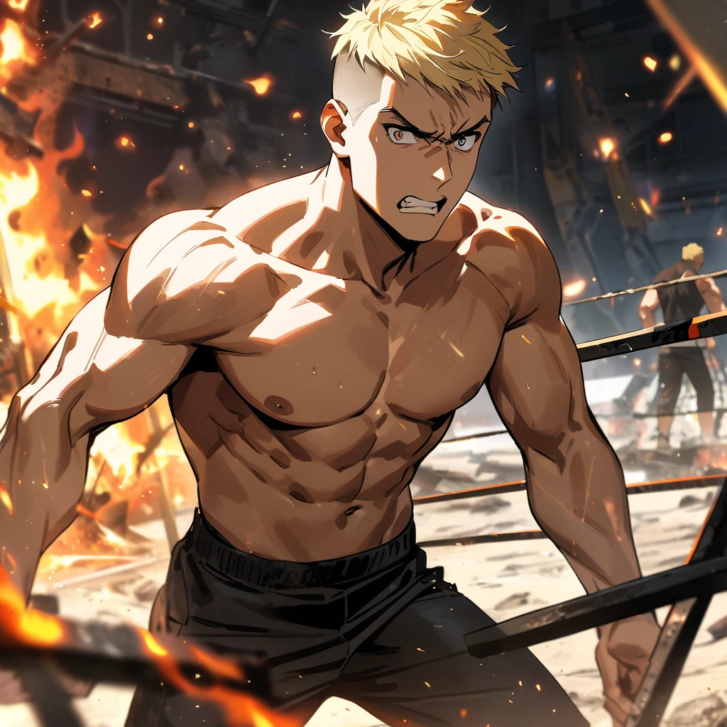 1boy, masculine , blond hair, fighter, shirtless