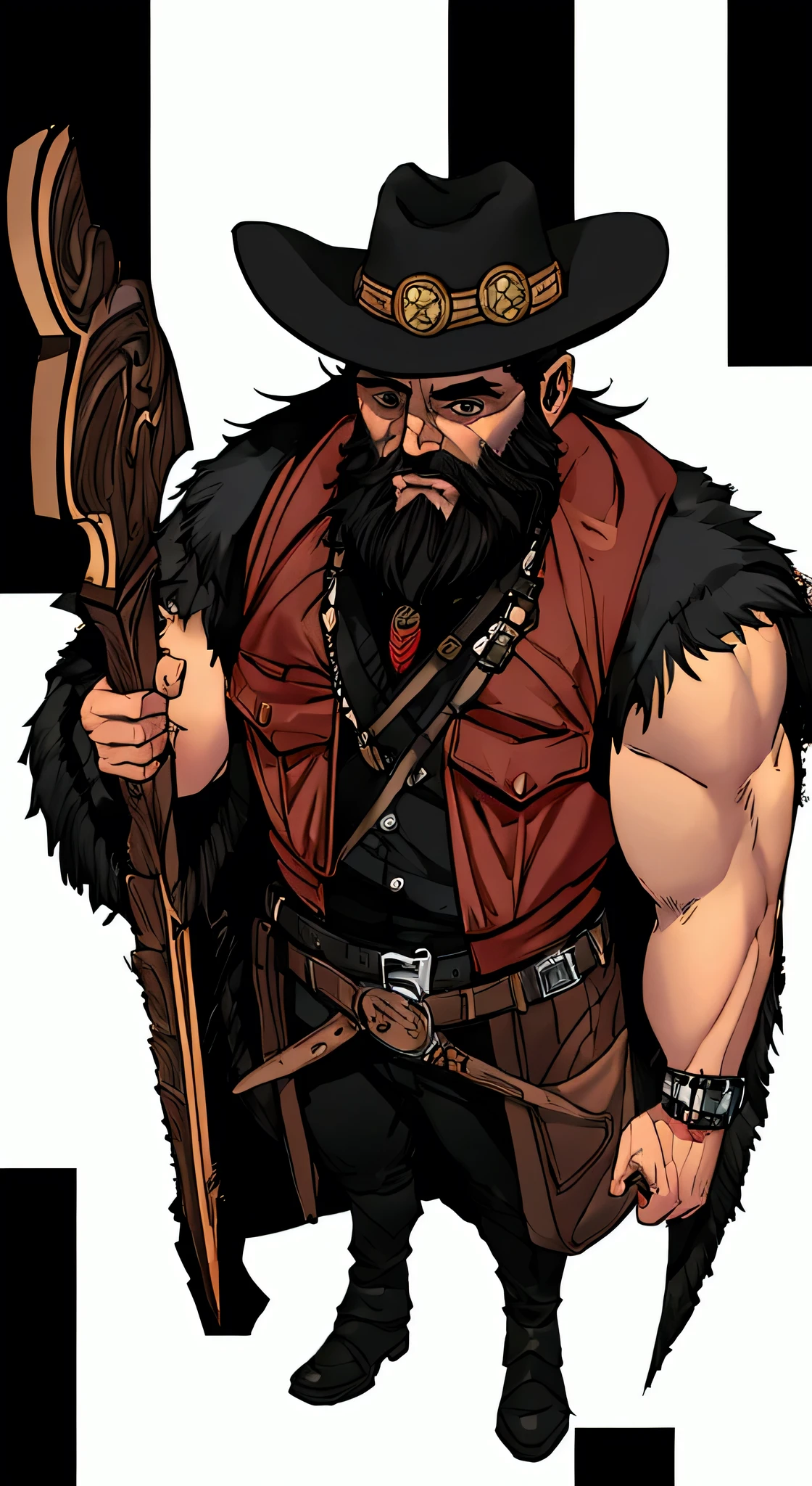 men, double axes, cowboy hat, black big beard , muscle men