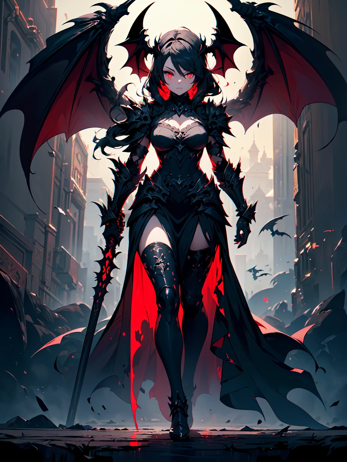 (Best Illustration), 8k Resolution, Intricate Details, Best Quality, Realistic, Ultra Detailed, Best Lighting, Best Shadows, Ultra HD, BREAK a beautiful female Necromancer, Night, dark Magical auras, Dark Style, Vampire, Bat wings, bats flying around, fog, blood splash on the ground, blood moon, red sky, dark theme, (shining red eyes:1.6), BREAK medium breasts, absurdres, ponytail contorted, best ratio four finger and one thumb, (gothic style castle background), tall and seductive body, cold face, evil looking, tattoos,tall body, sharp focus,(red energy ball), BREAK Detailed,Realistic,4k highly detailed digital art,octane render, bioluminescent, BREAK 8K resolution concept art, realism,by Mappa studios,masterpiece,best quality,official art,illustration,ligne claire,(cool_color),perfect composition,absurdres, fantasy,focused,rule of thirds