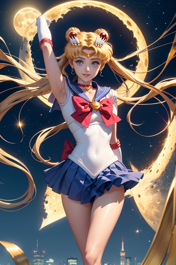 ((masterpiece)), (best quality), official art, very delicate and beautiful, highly detailed CG, Unity 8k wallpaper, super detailed, beautiful fine details, highly detailed face, one girl, Sailor Moon, full body, sailor suit, mini skirt, night sky, detailed face, shiny skin, night sky, moonlight, moon, white gloves, magical girl, fly ring