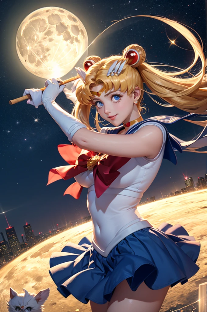 masterpiece, best quality, (1girl), supersailormoon, detailed face, smile, nigh sky, moonlight, moon, sakura trees, white gloves, detailed eyes, detailed face, fullbody, galazy background, gigantic breasts, giga_busty, back view from below