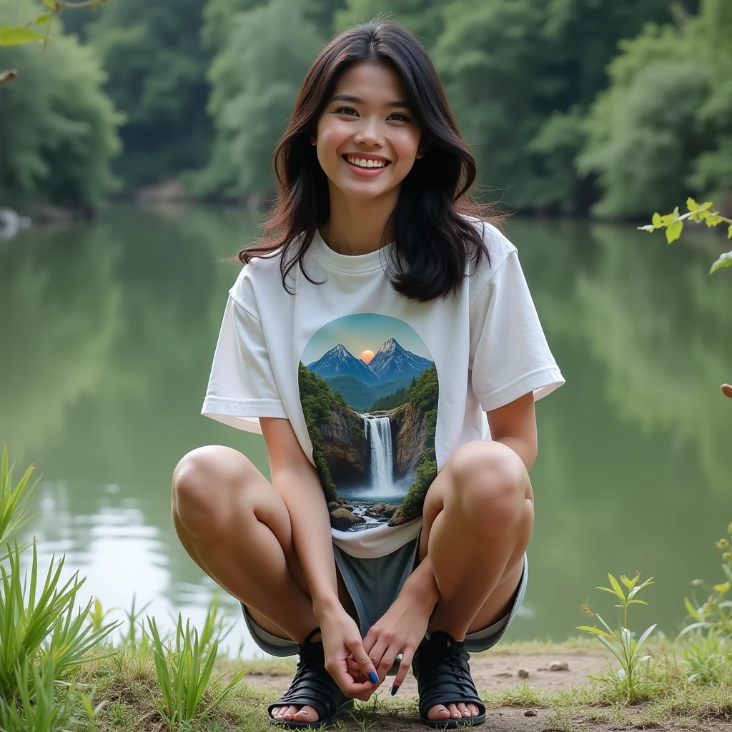 An Indonesian woman wearing a white t-shirt, soaking wet is sitting on the river bank, photo of an angel. shot, with shot, casual/professional photo, 4k, 3k Ultra, Epic, detailed and intricate, smooth, FHp with autofocus clear image quality