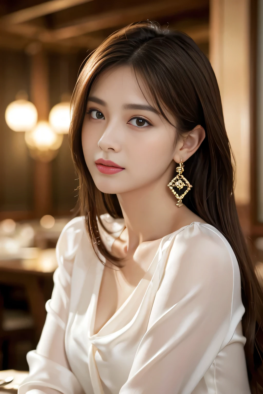 masterpiece, highest quality, Realistic, Very detailed, Finer details, High resolution, 8k wallpaper, One beautiful woman, Wear a black see-through shirt, In a great restaurant, At night, Light brown messy hair, Perfect dynamic composition, Beautiful and beautiful eyes、Big earrings、Sleeveless shirt、