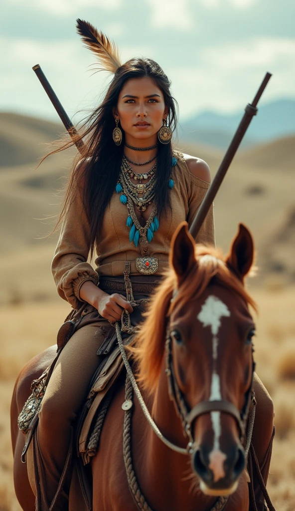Indigenous woman standing next to a horse