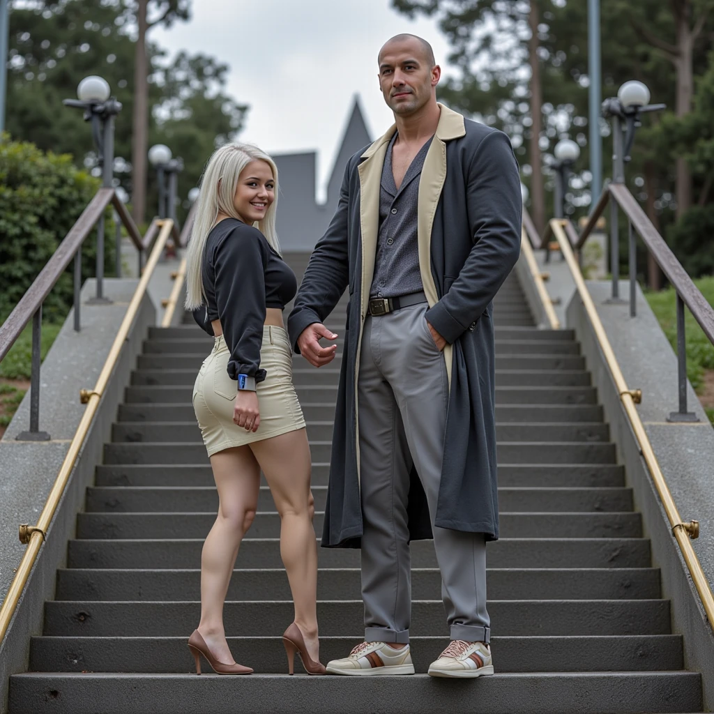 UHD, Ultra Photorealistic Image, Retina, Masterpiece, Accurate, Textured Skin, Super Detail, High Quality, High Resolution, 8K. Two people posing randomly on a staircase. 19 years old beautiful white woman with white skin with medium breasts, of medium height, long straight white hair with blue tips. She has a cream-colored miniskirt and a black and brown blouse, on her feet she has cream and black women's shoes. She is posing randomly on a staircase. The staircase is made of gray cement, its handrails are gold and there are trees around it. Next to her also poses next to her a 25 years old handsome, gallant, pretty, beautiful very tall bodybuilder (is about 6 feet 5 inches tall) with pale skin, shaved head, bodybuilder, he has a very luxurious and expensive gray and black overcoat. The overcoat covers all of his muscles, very muscular, tall, tall 6 feet 5 inches. They both smile at the viewer.