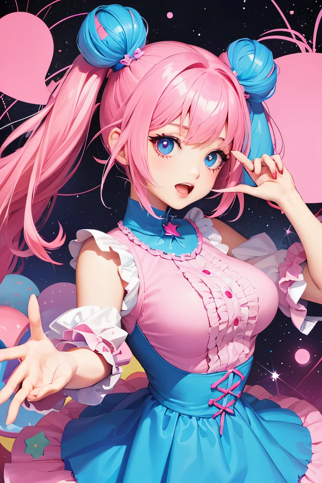 official art, masterpiece, sharp focus,Delicate and beautiful hair and eyes and face, realistic, ultra detailed, beautiful girl, blue sky, glow white particle, A single girl with a decora street fashion-inspired look, rocking a crazy harajuku style. She wears legwarmers and big platform shoes, and has her hair styled in adorable two buns. Short hair. The scene is set at nighttime, hairpins, accesories, bunny ears with pattern inside, striped, long socks, pale skin, hair ornament, epic scenery, , decora accessories like hairclips. She embodies the vibrant and trendy Harajuku fashion style, yellow eyes, yellow horns, light blue hair in two bun, grown woman, adult, big , big lips, blush on cheeks, curvy, sexy, pink fishnets, bows ,pink choker, fluffy and warm style, cute stickers, tattoos, clips, loads of clips maximalist