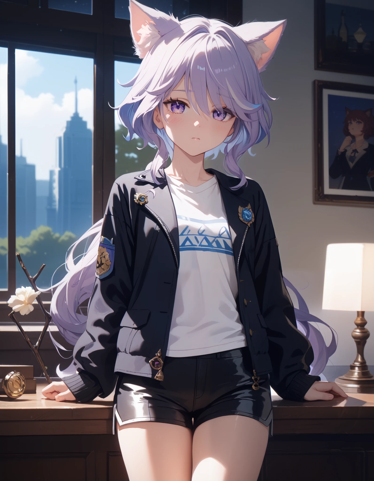 handfixer, masterpiece, 4k, ultra-detailed,1girl, solo, furinadef, white t-shirt, black jacket, black shorts,, cat ears, fluffy ears, neko, cat girl, chews on a stick, shy, purple hair, purple eyes, highres, anatomically correct