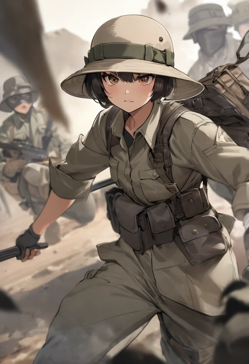 pith helmet, mask, combat gear, weapon