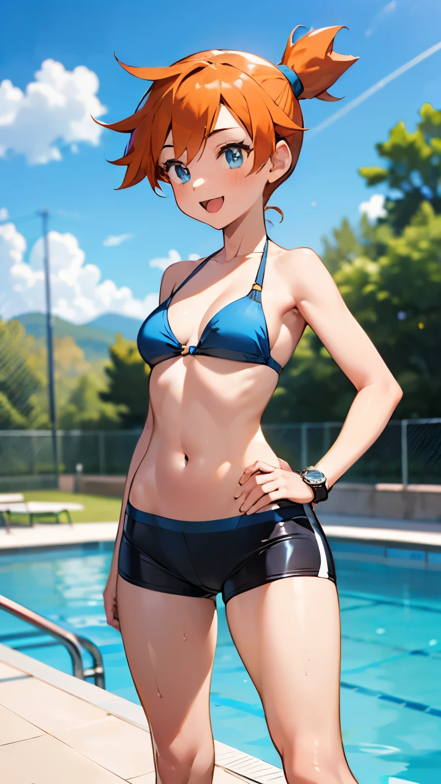 1 girl, masterpiece, best quality, highres, ro1, Misty from pokemon, hair bun, blue eyes, bikini top, blue bicycle shorts, small ponytail on the side, wristwatch, standing, hand on hip, smile, open mouth, (sparkle:1.1), orange hair, medium breasts, 3/4 body view, outdoors, swimming pool