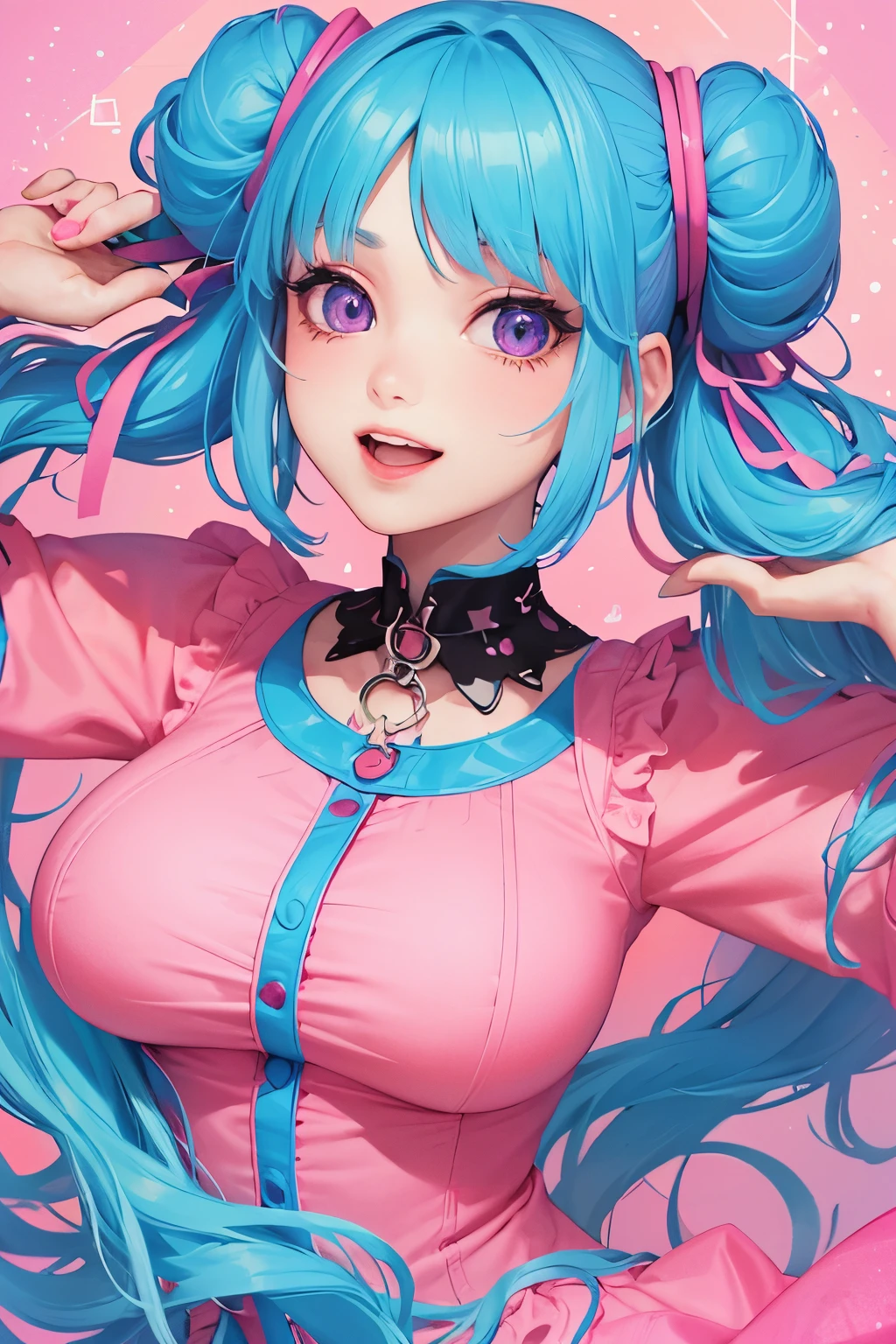 official art, masterpiece, sharp focus,Delicate and beautiful hair and eyes and face, realistic, ultra detailed, beautiful girl, blue sky, glow white particle, A single girl with a decora street fashion-inspired look, rocking a crazy harajuku style. She wears legwarmers and big platform shoes, and has her hair styled in adorable two buns. Short hair. The scene is set at nighttime, hairpins, accesories, bunny ears with pattern inside, striped, long socks, pale skin, hair ornament, epic scenery, , decora accessories like hairclips. She embodies the vibrant and trendy Harajuku fashion style, yellow eyes, yellow horns, light blue hair in two bun, grown woman, adult, big boobs, big lips, blush on cheeks, curvy, sexy, pink fishnets, bows ,pink choker, fluffy and warm style, cute stickers, tattoos, clips, loads of clips maximalist