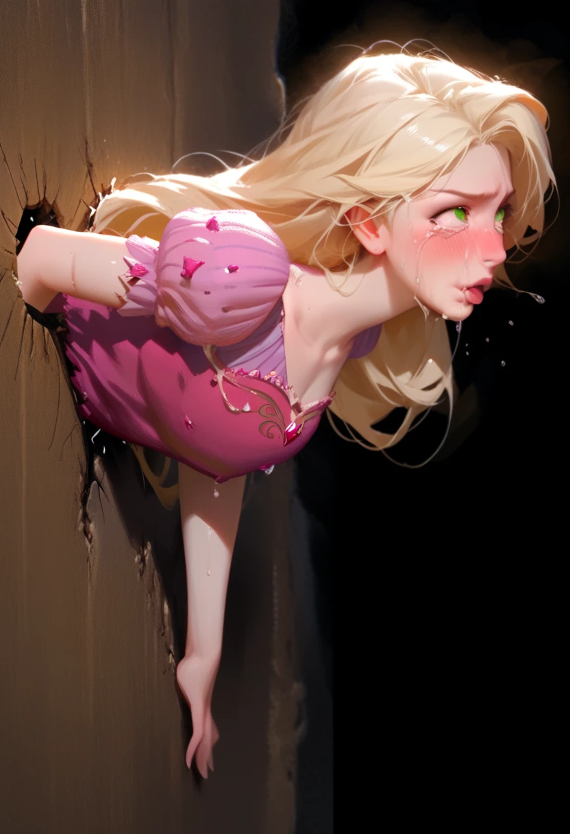 Disney&#39;s Rapunzel, from side, hands behind back, cara ahegao, cries,  closed mouth , Show , blushing, pink dress , struggle get out stuck in hole (Commission in wall), stuck in a wall.  realistic photo.