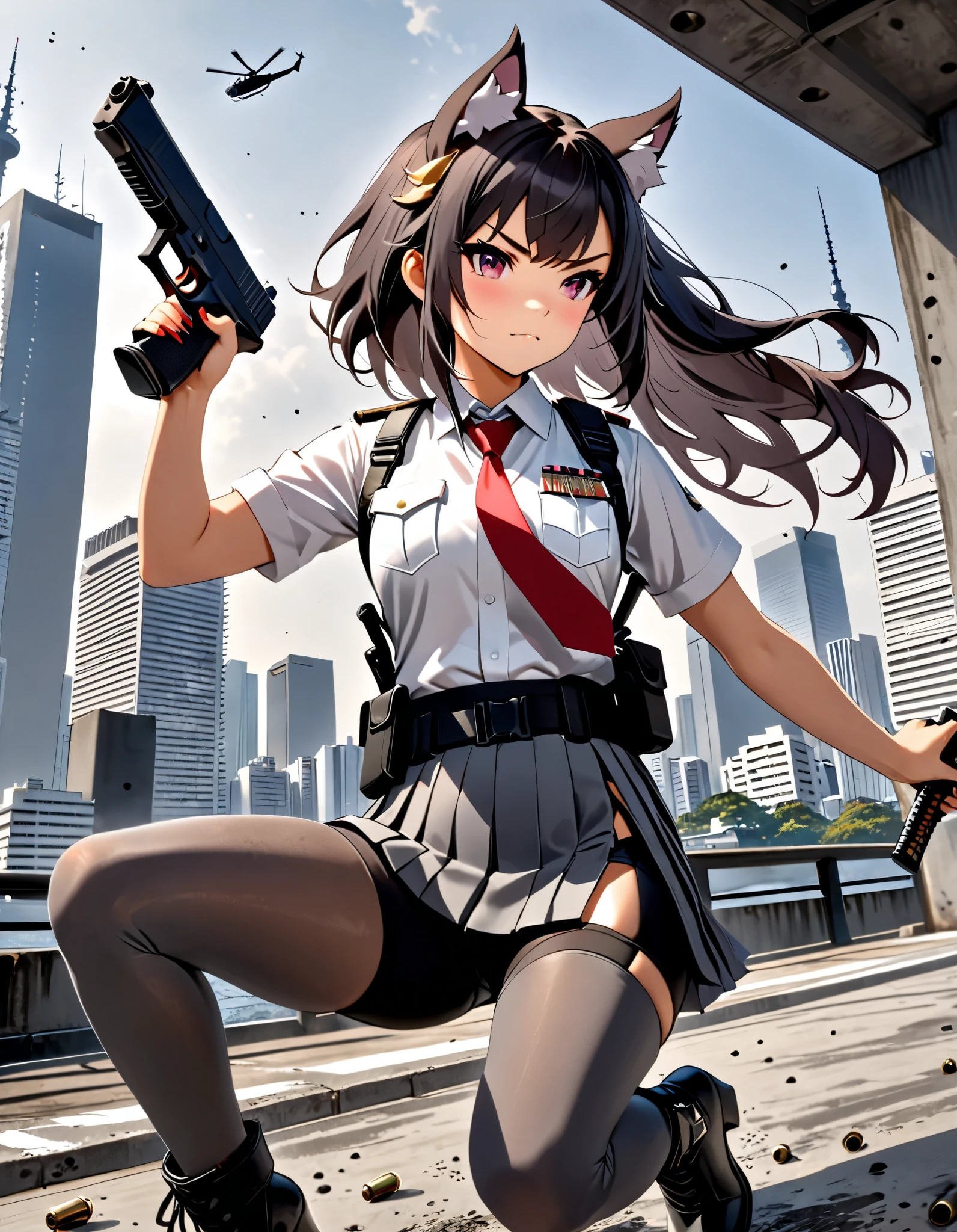 Masterpiece, best quality, high res, 4k, 8k, (solo:1.2, solo focus), 1girl, female samurai, Japanese military officer, (catgirl:1.2, furry ears:1.2), college-aged female, long hair, black hair, black hair, hair ornament, white-collared shirt, red necktie, (shoulder holster), (long pleated skirt, side slit, biker shorts), (full dark grey leggings:1.2), (biker boots, high heels), holding katana sword in one hand and holding a glock22 pistol with another, aggressive battle stance, Tokyo skyline, wharf, a military helicopter hovering above, concrete ground riddle with bullet holes, dutch angle, intense atmosphere, intense expressive. Action shot.