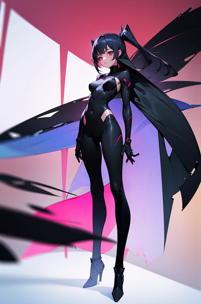echanis_enicha, background, incredible high-key lighting, masterpiece, high quality, ambient soft lighting, 4K, 1girl, alternate breast size, belly, breasts, big breasts, glowing, long hair, feathered bangs, bangs, feathered hair, navel, solo, stretching, arms raised, hands behind head, armpits, purple theme, simple background, futuristic, pale skin, (gleaming skin), (sweating), thick, curvy, bodysuit, sleek bodysuit, techsuit, ahoge, looking at viewer, thigh highs, thigh strap, skindentation, navel, ((navel window)), tight, translucent antennae, casual stance, android, artificial humanoid, underboob, boob window, single eye patch, ((brilliant eye)), ((sparkling eye)), skinkintight, asymmetrical clothes, best quality, realistic, absurdres, perfect shadows and lighting,