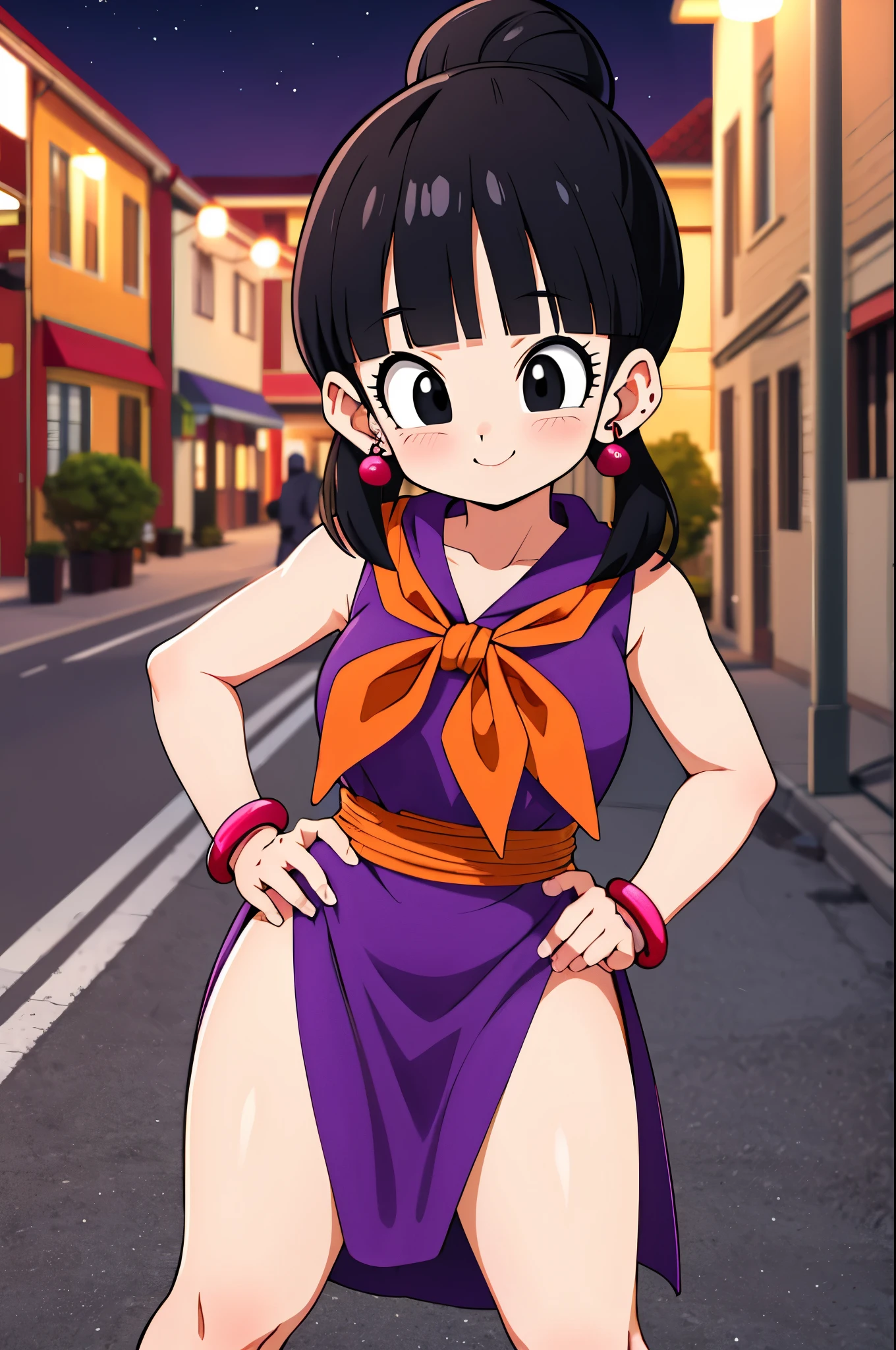 masterpiece, best quality, highres, dragon ball, single hair bun, hair bun, blunt bangs, sidelocks, black eyes, earrings, orange neckerchief, orange scarf, purple dress, sleeveless, bracelet, hand on hip, outdoors, street, thicc thigs, showing legs, sexy smile, night, naughty, wink, sexy pose,