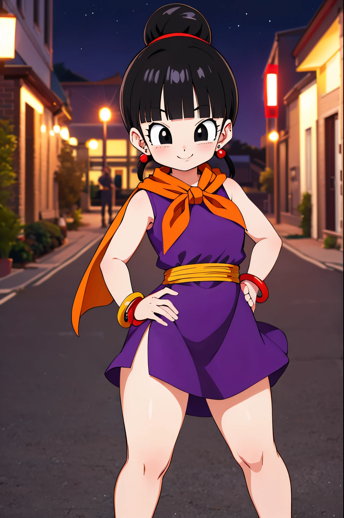 masterpiece, best quality, highres, dragon ball, single hair bun, hair bun, blunt bangs, sidelocks, black eyes, earrings, orange neckerchief, orange scarf, purple dress, sleeveless, bracelet, hand on hip, outdoors, street, thicc thigs, showing legs, sexy smile, night, naughty, wink, sexy pose,