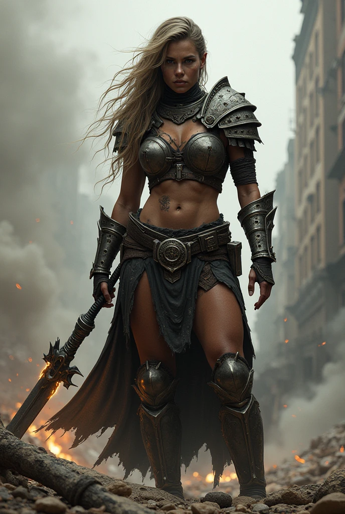giant woman with battle sword in hand in a ancient street, low angle,Panty shot、Woman warrior、Leg spread