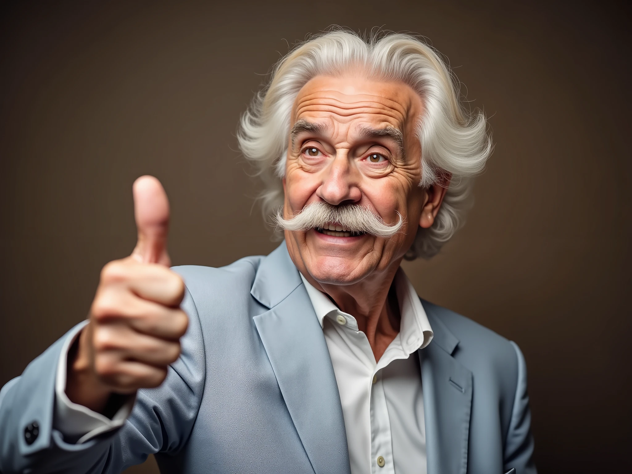 Grandpa with white mustache is posing with a thumbs up