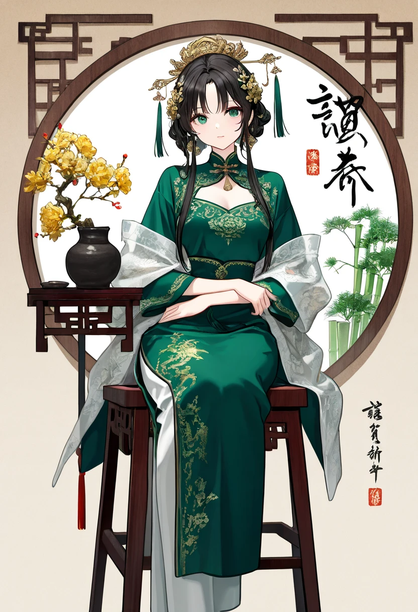 masterpiece,best quality,This photograph features an East Asian woman in traditional Chinese attire, styled for cultural or historical representation. She has light, fair skin, and dark hair adorned with intricate hairpieces and floral decorations. Her red, silk robe is adorned with detailed gold and green embroidery. Her pale blouse underneath has light green accents. She sits on a stool, holding a green and gold flower, with a decorative wooden table behind her, holding a small pot plant. The background has bamboo panels with Chinese calligraphy. She has a soft, feminine appearance with delicate and an elegant demeanor.