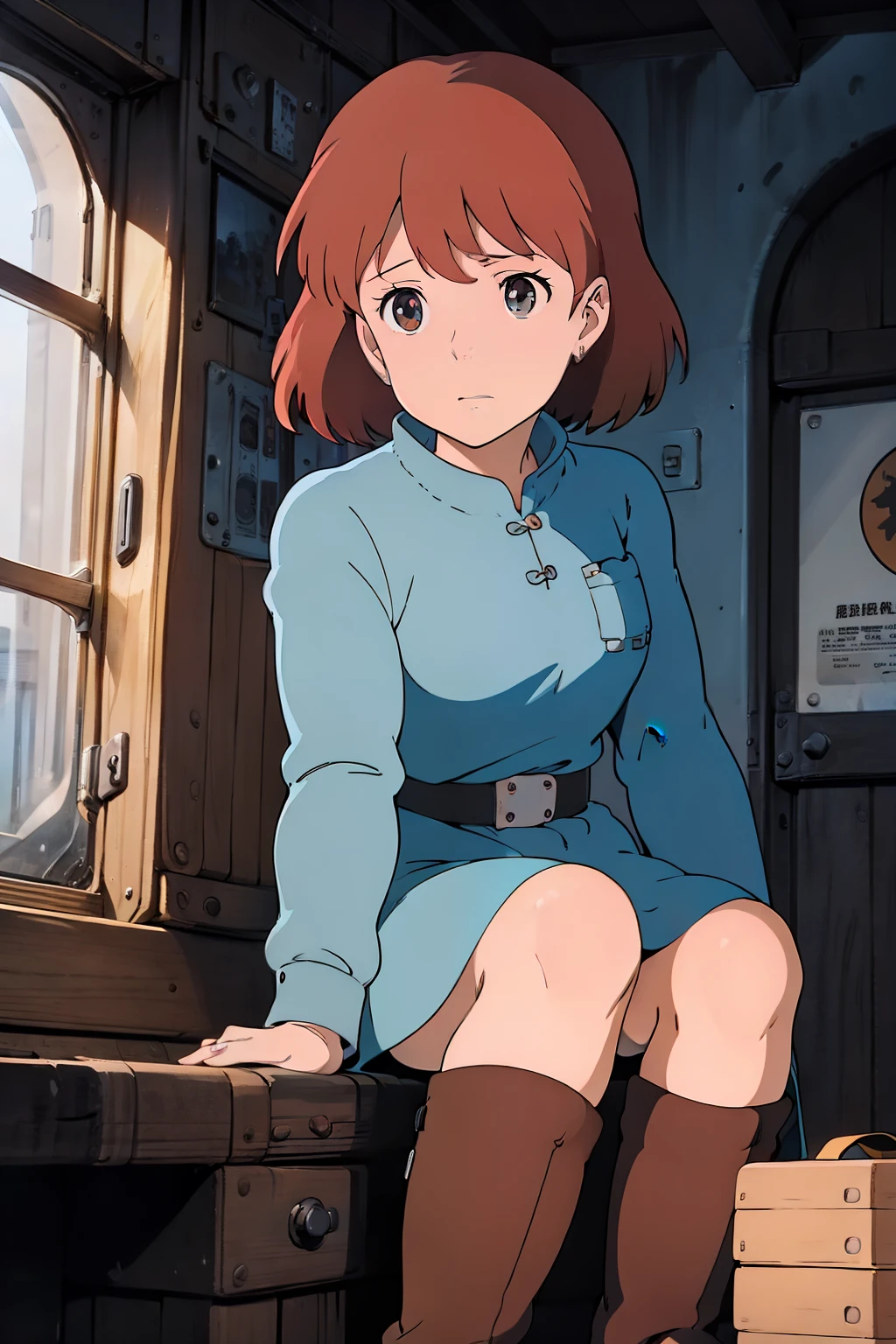 (Masterpiece, best quality , high definition, anime screen capture, Anime Colored , 8k, photorealistic), Nausicaa, woman, Mature Woman, wife, Alone, brown hair),Masterpiece , best quality ,ソ連のwoman兵士, steam locomotive interior before the trip,, 2nd World Combat Team,Station,Before you travel,Dim scene, dim lighting,Notice the depiction of snow , black boots