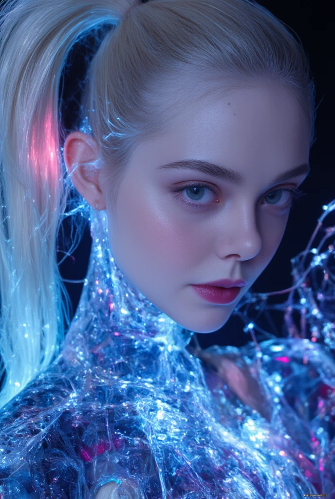 Elle Fanning, realistic, Masterpiece, top quality, woman,  ((  Female cyborg, digital rendering, close-up, long white hair, high ponytail, skin is translucent, complex internal mechanisms within the body, shining in a variety of colors including blue and purple, delicate, feminine and soft expressions, gears and circuits visible under skin-like outer skin, futuristic, mysterious aesthetics, gloss of artificial skin, elaborate details of robot parts, very detailed))  ( Surrealism background )