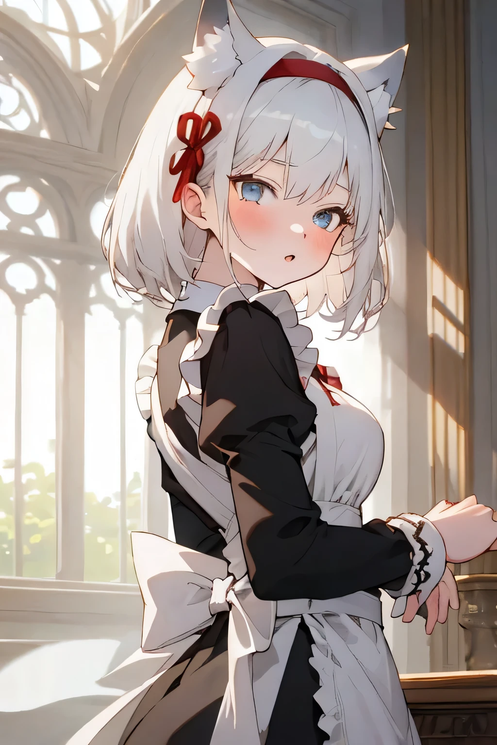 Create a highly detailed anime-style illustration of a age wolf-girl with white wolf ears and a fluffy white tail. She has fair, pale skin and striking bright blue eyes. Her short, silver-white hair is slightly wavy and layered, adorned with a red rose accessory on the left side, paired with ribbons and golden decorative elements. She has an elegant yet youthful and approachable expression, showcasing her adolescent charm.
Her outfit is a classic maid uniform, featuring a black dress with white accents. The uniform includes a fitted bodice, a white apron tied at the back with a bow, and delicate lace trim along the collar, sleeves, and apron edges. She wears a matching white headband with lace details, emphasizing her maid role. Focus on intricate details such as the apron folds, subtle embroidery, and any accessories like small bows or ribbons that enhance her design.
She has a slender and proportional teenbuild, with a graceful and poised demeanor. Her wolf-like features, including her expressive white fur ears and fluffy tail, remain prominent and central to her design. Place her in the setting of a luxurious, grand mansion, emphasizing ornate decor such as chandeliers, elegant furniture, and large windows with flowing curtains. Ensure the mansion setting complements her maid attire and creates an atmosphere of sophistication. The character must remain consistent with all described features, exuding both elegance and youthful energy.