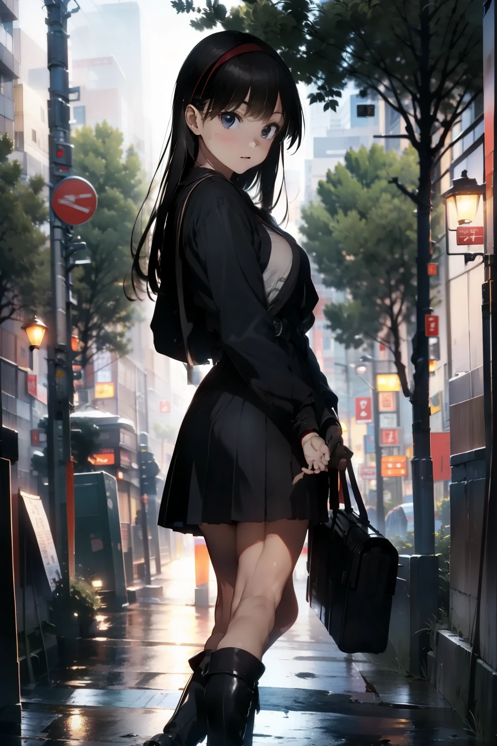 absurdres, RAW photo, extremely delicate and beautiful, masterpiece, Best Quality, ultra high resolution, 32k, hyperrealistic, ultra-detailed, perfect anatomy, super Detailed skin, perfect figure, Japanese woman, late 20s, very Slim body, narrow waist, very small head, handsome detailed woman, very detailed eyes and face, realistic face proportions, Stunning detailed eyes, Realistic beautiful face, very small face, Realistic small beautiful eyes, tearful mole, earring, beautiful and very thin legs, beautiful and very thin thighs, ((very huge round breasts)), medium hair, black hair, ((full body shot)), ((school_uniform)), ((outdoor)),