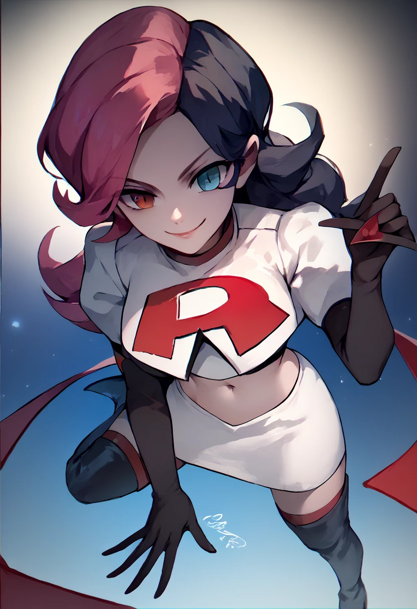 1 girl, Team rocket, team rocket uniform, red letter R, white skirt,white crop top,black thigh-high boots, black elbow gloves, evil smile, night sky background, large breasts, high-heeled boots, Neopolitan, heterochromia