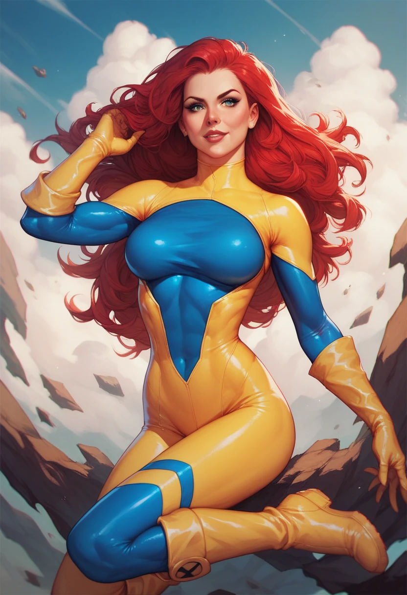 Nordic girl, white skin, medium-short height, medium orange hair, with unruly bangs.  Lively and expressive blue eyes. She was wearing a elegant blue dress. busty. Comic style. Marvel comics