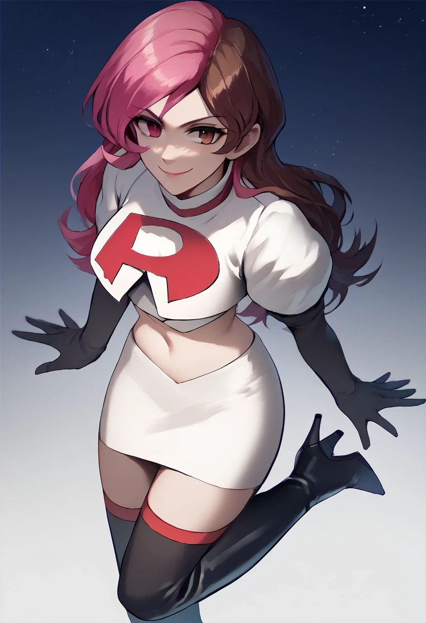 1 girl, Team rocket, team rocket uniform, red letter R, white skirt,white crop top,black thigh-high boots, black elbow gloves, evil smile, night sky background, large breasts, high-heeled boots, Neopolitan, heterochromia, split hair, pink hair, brown hair