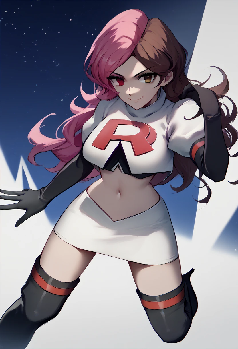 1 girl, Team rocket, team rocket uniform, red letter R, white skirt,white crop top,black thigh-high boots, black elbow gloves, evil smile, night sky background, large breasts, high-heeled boots, Neopolitan, heterochromia, split hair, pink hair, brown hair