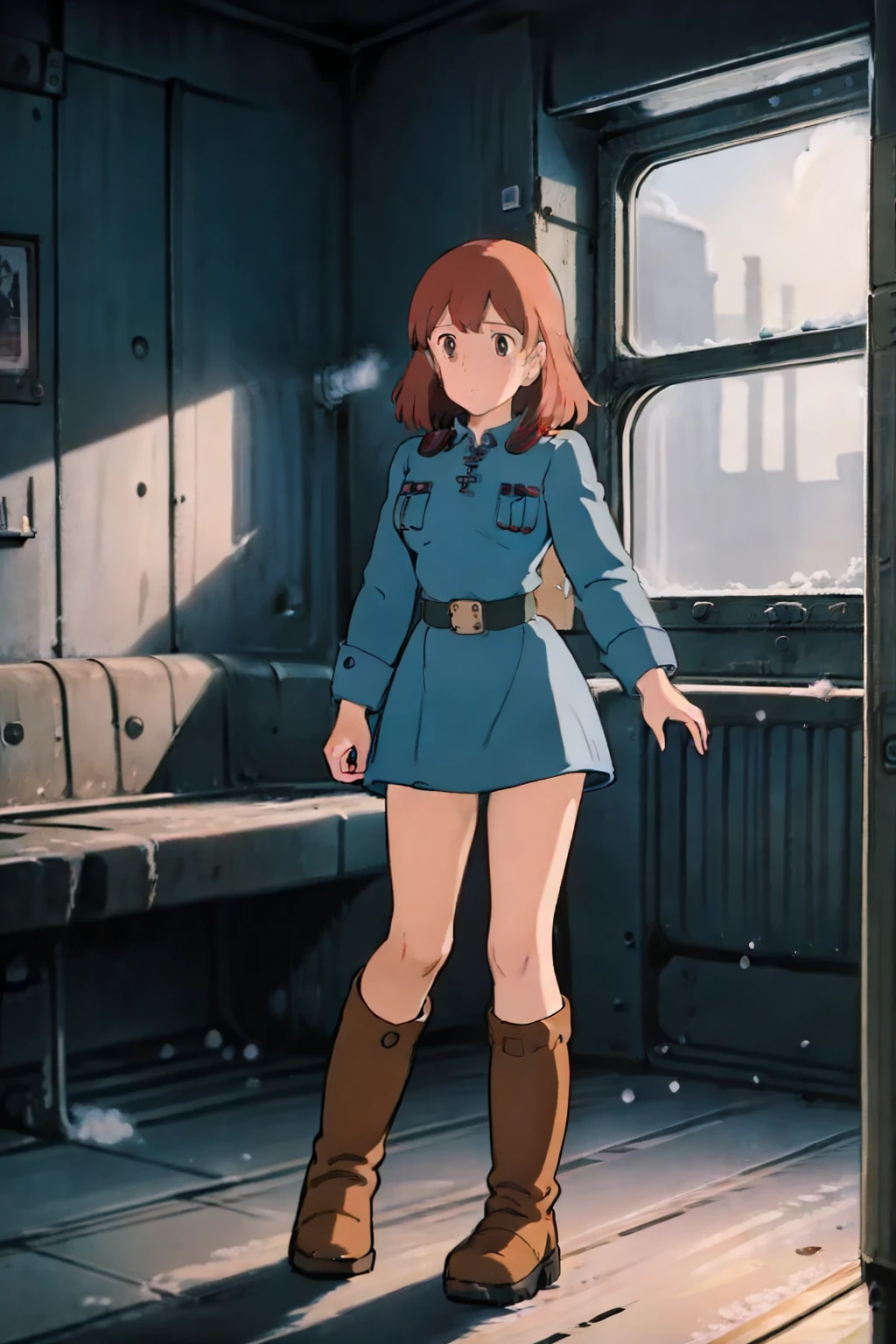 best quality ,Soviet female soldiers, steam locomotive interior before the trip,, 2nd World Combat Team,Station,Before you travel,Dim scene, dim lighting,Notice the depiction of snow , black boots