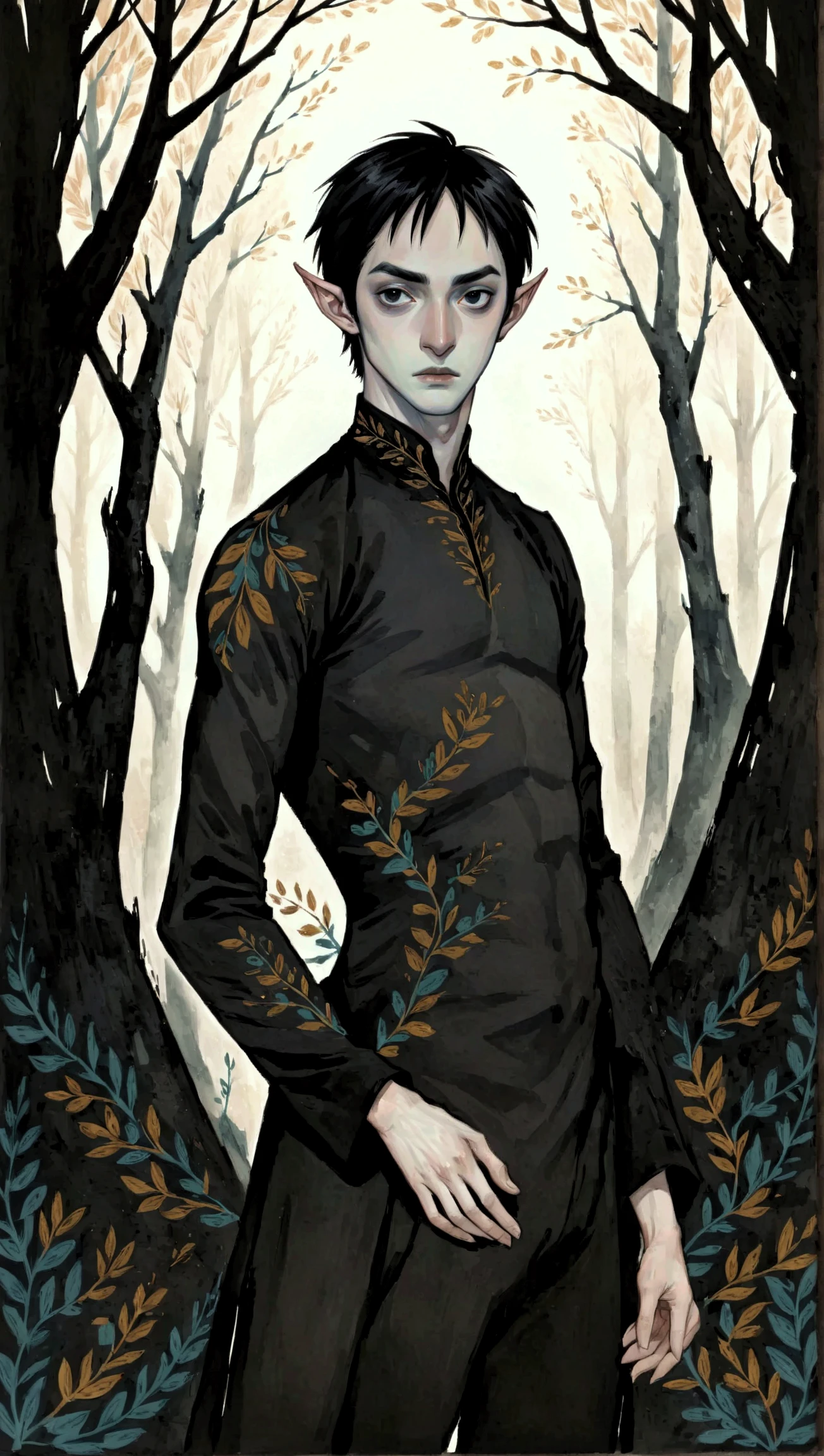 2D ART, hyper detailed gouache painting, illustration, gougoupaintleaves style, portrait of a man, 1boy, solo, black hair, side_cut_hairstyle, male_drow:1.5, dark elf, black eyes, black sclera, detailed face, handsome features, tonned, lean naked body, detailed body, pointy ears, standing in a dark forest, on simple white background, full body shot, very detailed, 