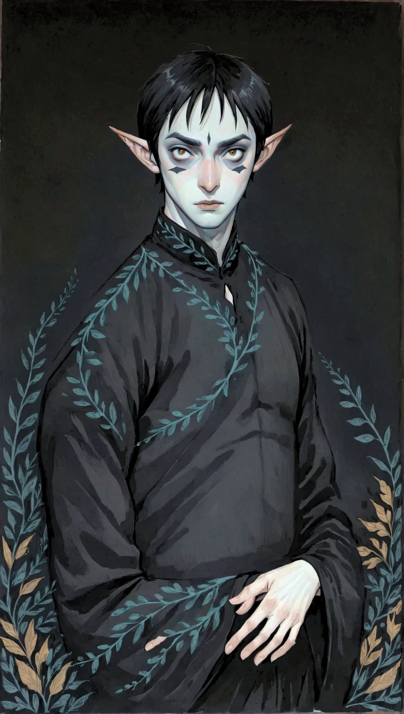 2D ART, hyper detailed gouache painting, illustration, gougoupaintleaves style, portrait of a man, 1boy, solo, black hair, side_cut_hairstyle, male_drow:1.5, dark elf, black eyes, black sclera, detailed face, handsome features, tonned, lean naked body, detailed body, pointy ears, standing in a dark forest, on simple white background, full body shot, very detailed, 