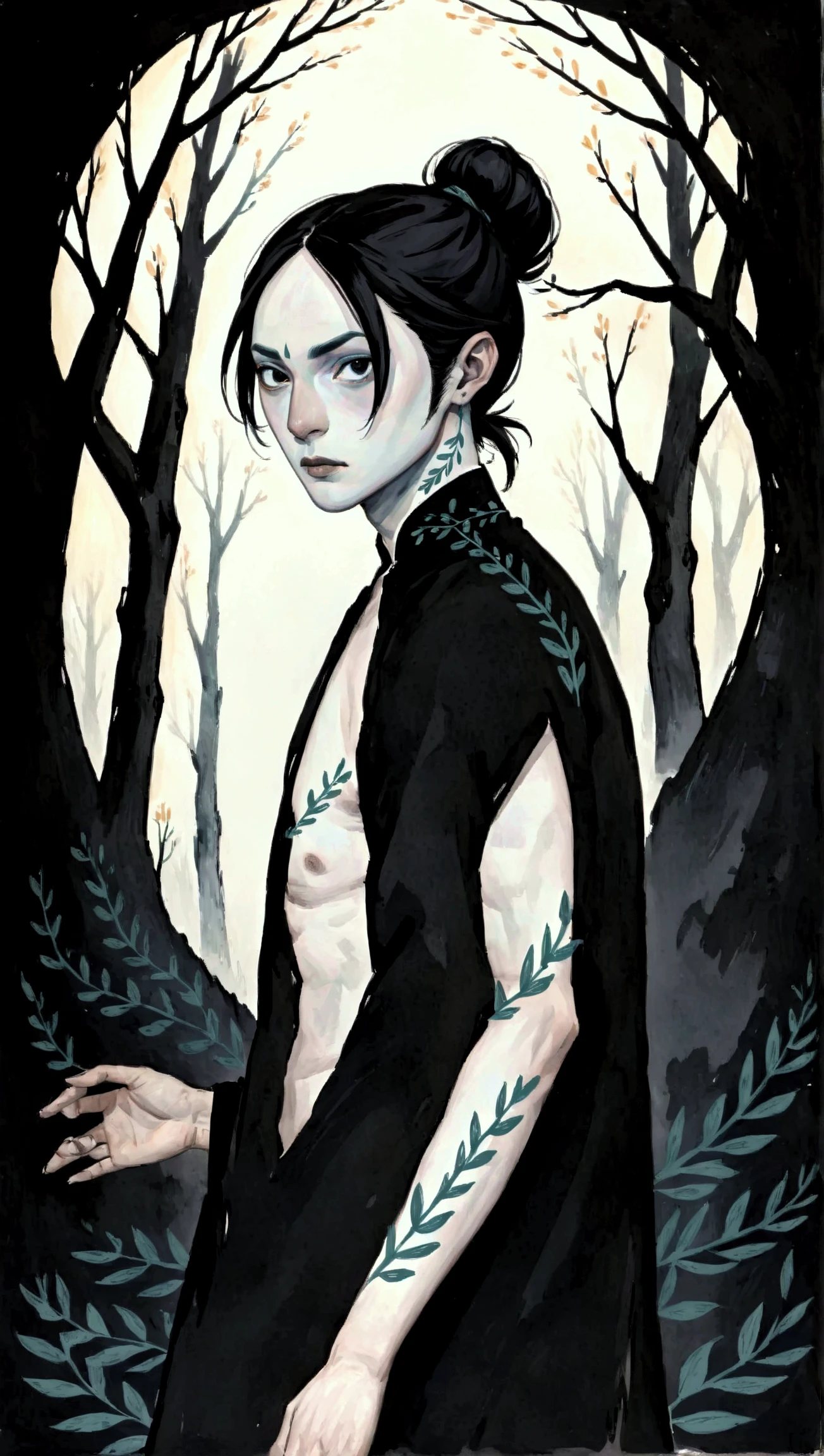 2D ART, hyper detailed gouache painting, illustration, gougoupaintleaves style, portrait of a man, 1boy, solo, black hair, side_cut_hairstyle, male_drow:1.5, dark elf, black eyes, black sclera, detailed face, handsome features, tonned, lean naked body, detailed body, pointy ears, standing in a dark forest, on simple white background, full body shot, very detailed, 