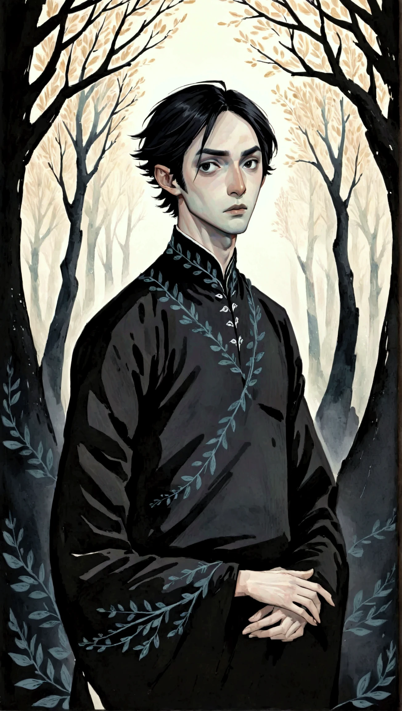 2D ART, hyper detailed gouache painting, illustration, gougoupaintleaves style, portrait of a man, 1boy, solo, black hair, side_cut_hairstyle, male_drow:1.5, dark elf, black eyes, black sclera, detailed face, handsome features, tonned, lean naked body, detailed body, pointy ears, standing in a dark forest, on simple white background, full body shot, very detailed, 