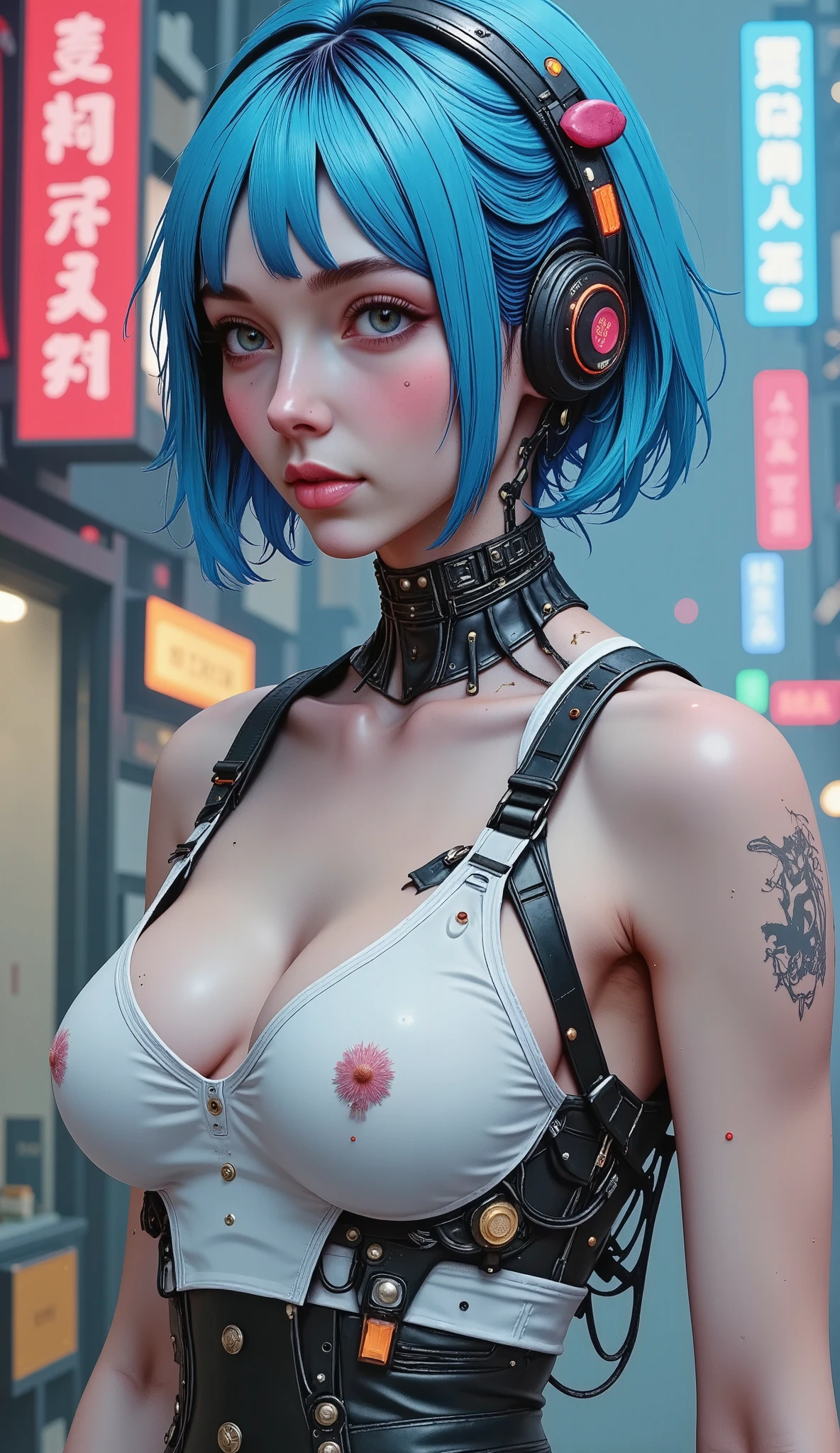 Cyberpunk, damged, robot, dead robot, wires, lose a part of her face in war, wires came out in the lose part of face, trashed, cyberpunk damged, trashed in a big garbge, blue hair, tattoo on a part of her face, cyber tattoo, numbers, sexy girl tattoo on her sholder and neck. Japanis face girl, robot clothes with wires, painting style, vanvas texture, brush strokes, butterfly from her back, and she is in a robot garden everthing is robot and cyberpunks, light colorfull. Dark, red, details too much high resolotion, correct sizes!, autumen, rain