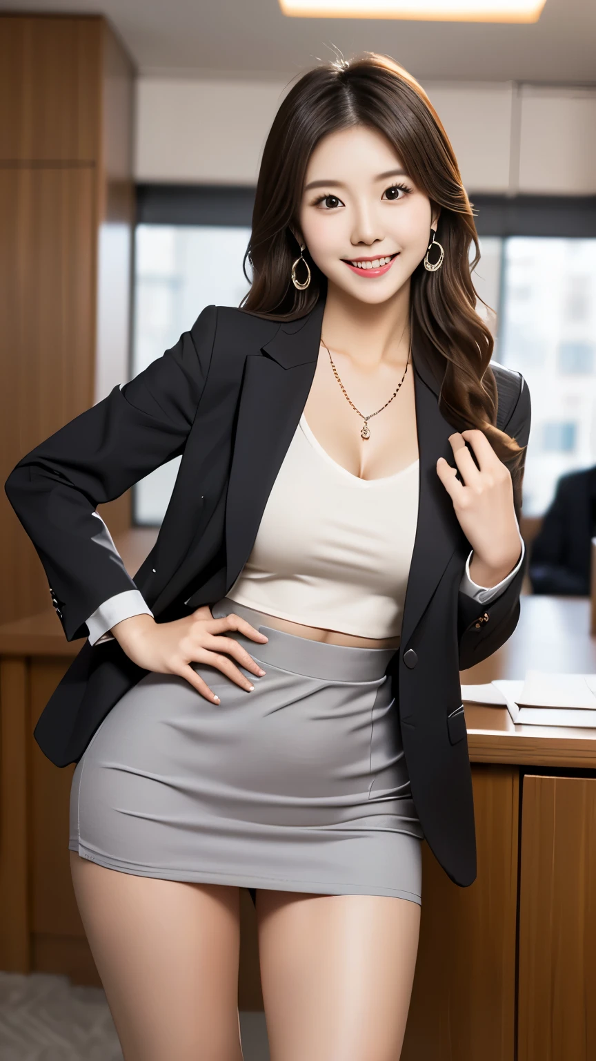 standing side by side in front of an anatomically correct 5-finger Beautiful Korean Woman in the Lounge earrings thin due to small things necklace ((( business suit tight miniskirt ))) At the office standing in front of a desk plump thighs Sensual body looking at camera cute charming smile