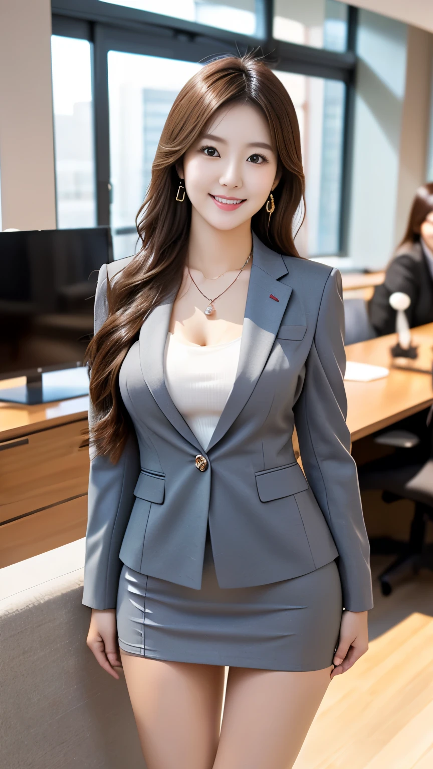 standing side by side in front of an anatomically correct 5-finger Beautiful Korean Woman in the Lounge earrings thin due to small things necklace ((( business suit tight miniskirt ))) At the office standing in front of a desk plump thighs Sensual body looking at camera cute charming smile